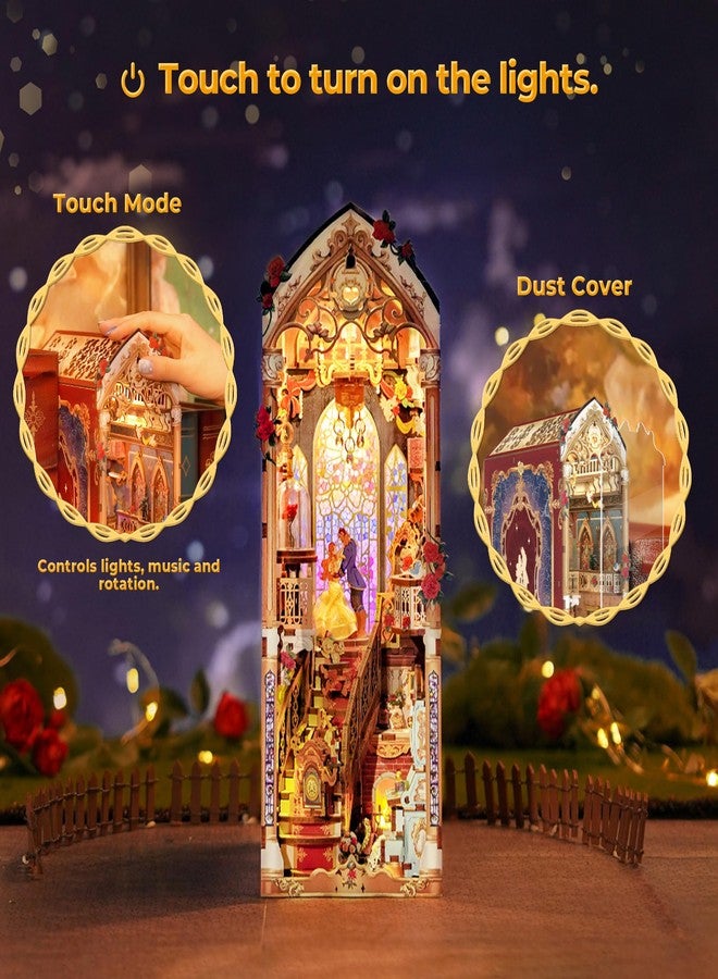 Tonecheer DIY Book Nook Kit for Adults, 3D Wooden Puzzle Music Booknook Miniature Dollhouse, Fairy Tale Bookend Bookshelf Decor with Dust Cover and LED Lights Gifts (Beast and Beauty) - Image 5
